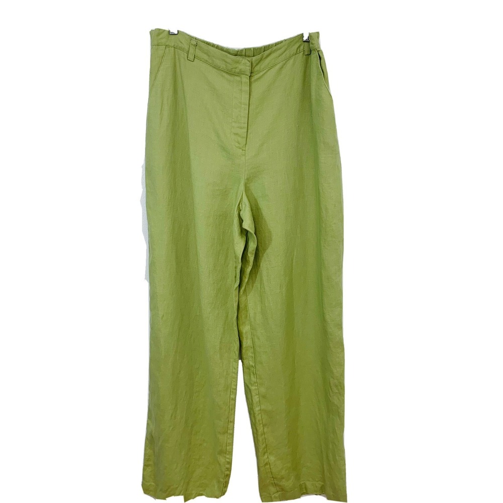JM Collection Linen Pants Pockets Woman 12 Green Straight Travel Vacation